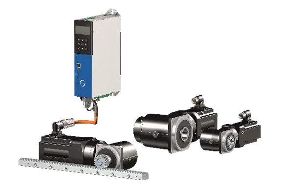 The STOBER system consisting of SB6 drive controller and rack and pinion drive with servo right-angle geared motor from the ZVKSEZ series. They are connected by STOBER's One Cable Solution (OCS)